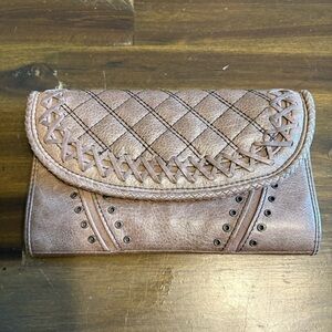 Mimco Taupe Mushroom Woven Quilted Wallet Grommet Flap Card Holder Clutch